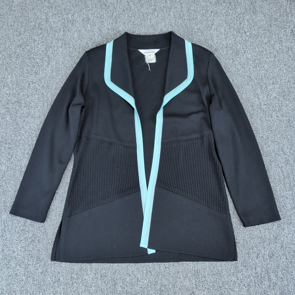 Misook Classic Knit Open Front‎ Jacket Women XS Black Mint Green Professional